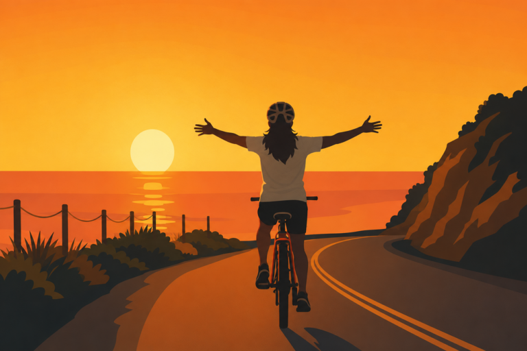 cyclist, coastal road, sunset, travel, adventure, cycling adventure, bike ride, ocean view, minimalist landscape, road to the horizon, horizontal illustration, silhouette illustration, coastal landscape, sunset illustration, leisure, freedom, spirit, outdoor activities, summer evening, moment of joy